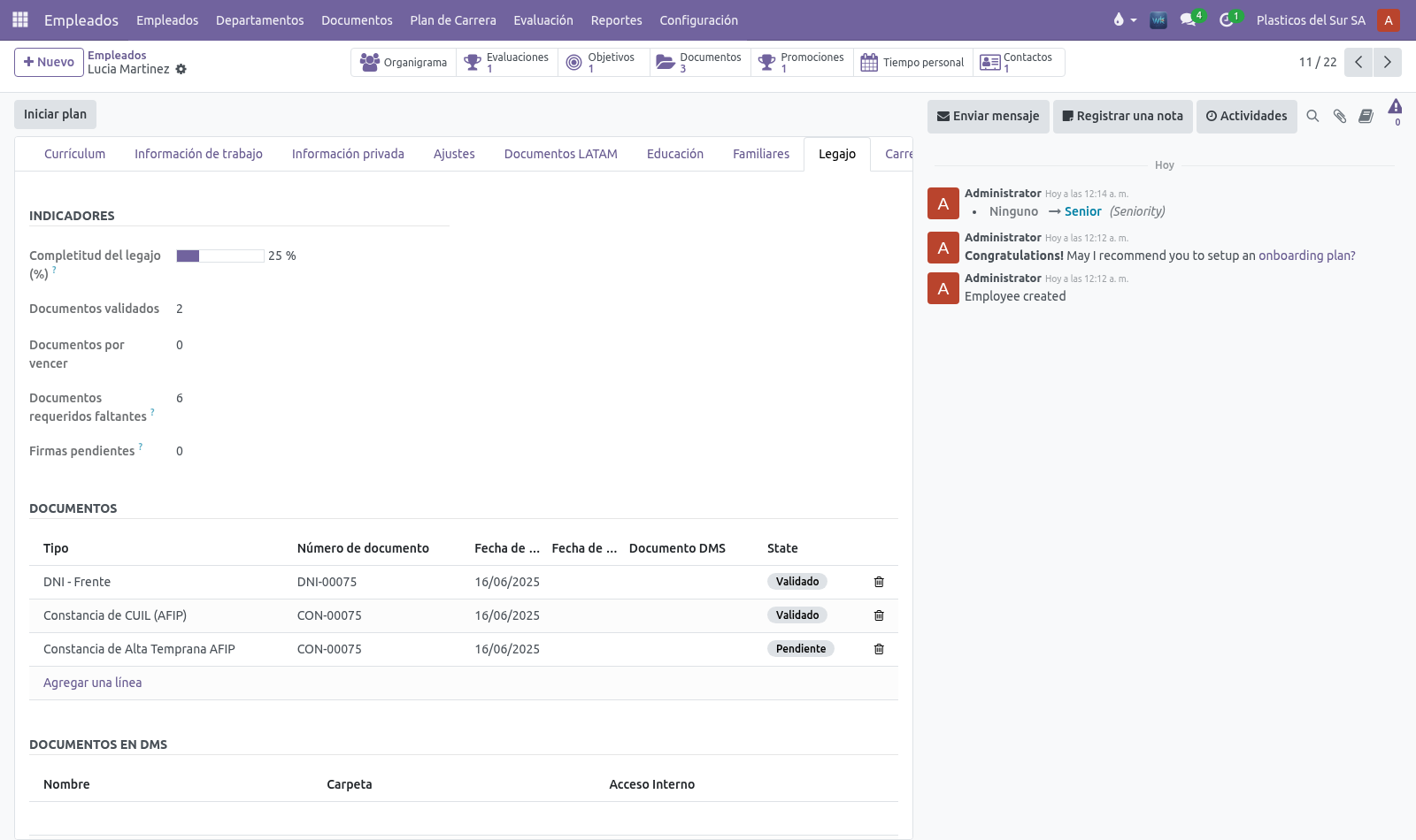 Legajo digital del empleado con indicadores, documentos y pestañas