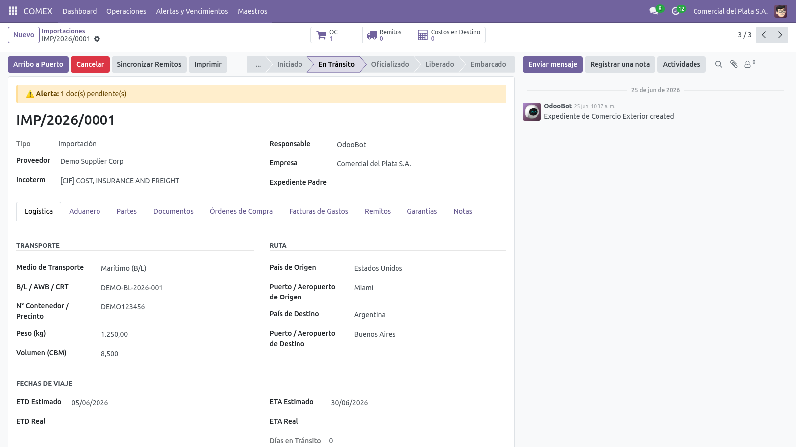 Ficha de expediente de importación con transporte, ruta e incoterm cargados