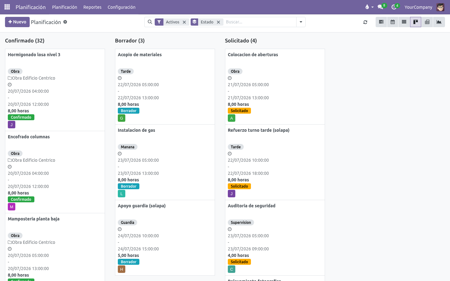 Turnos en kanban agrupados por estado de aprobación, con colores por rol